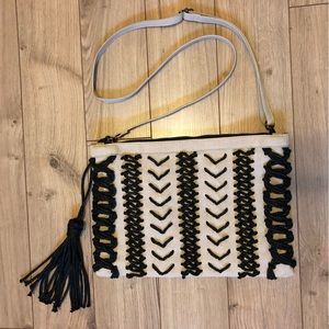 Remi & Reid Boho Beige and Black Tasseled woven Shoulder bag